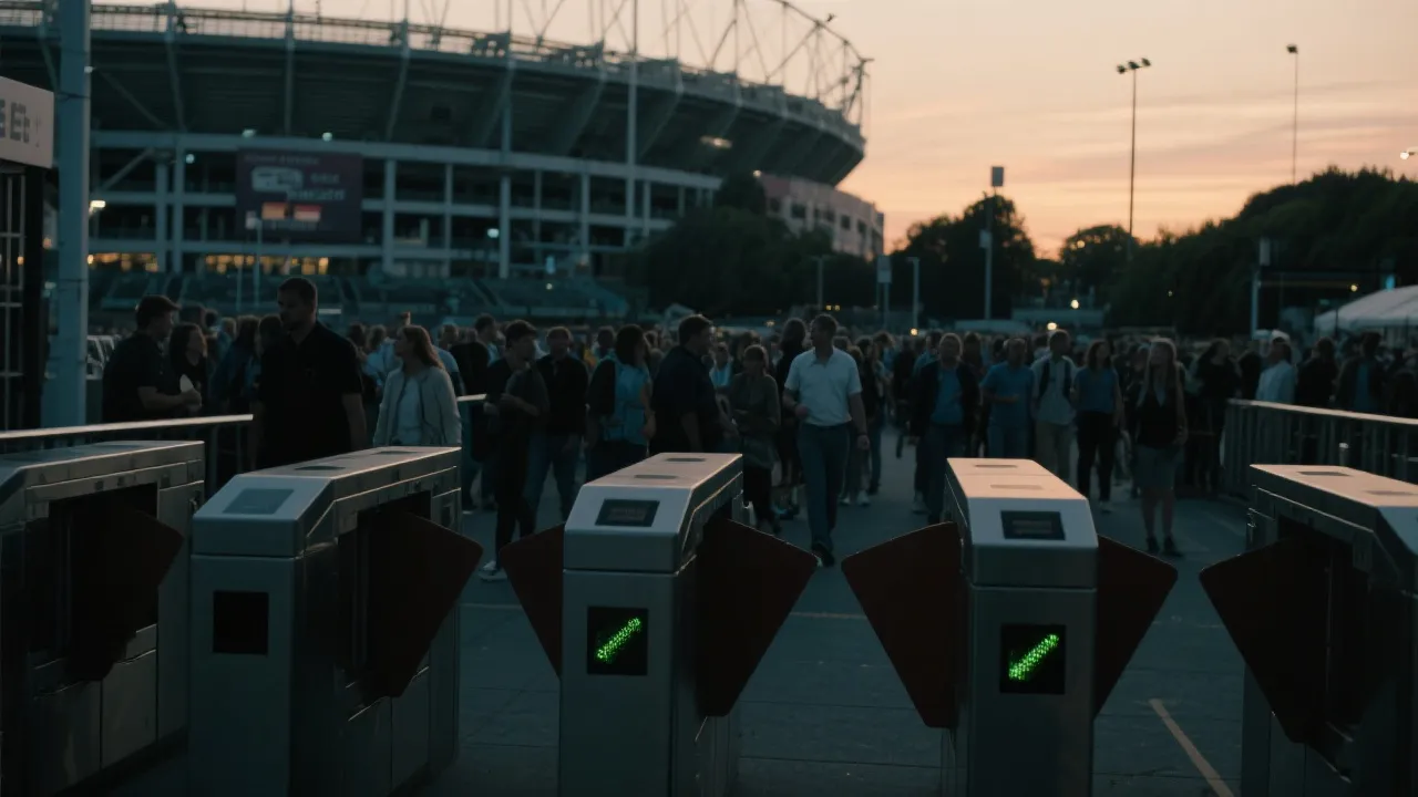 体育场外的入场闸机与人流，傍晚光线，紧张但有序